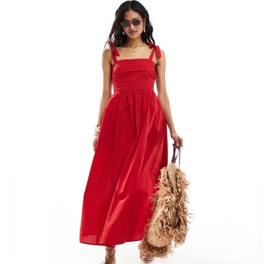 Abercrombie Red Smocked Midi Dress Large Tie Strap Cotton Sundress NWT